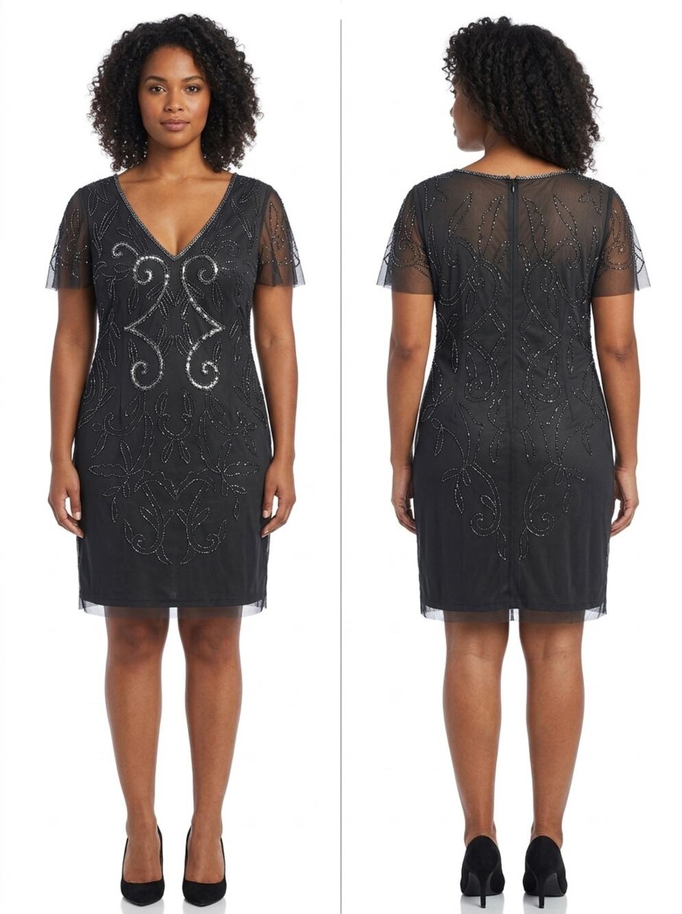 Papell Boutique Black Silver Beaded Sequin V-Neck Dress Women Size 8